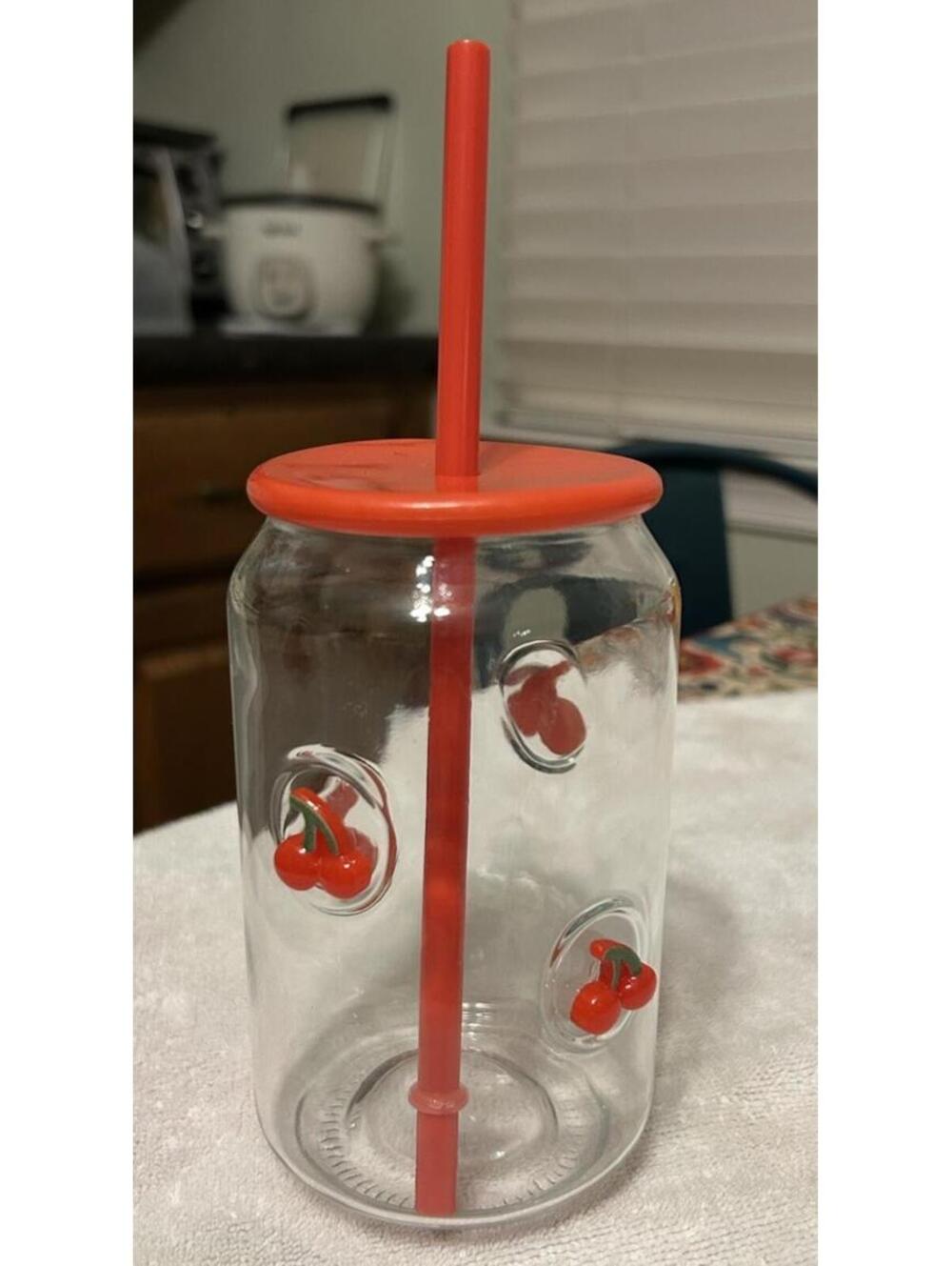 Cherry Pattern Clear Glass Tumbler w/ Red Lid & Straw Trending Viral Summer Vibe